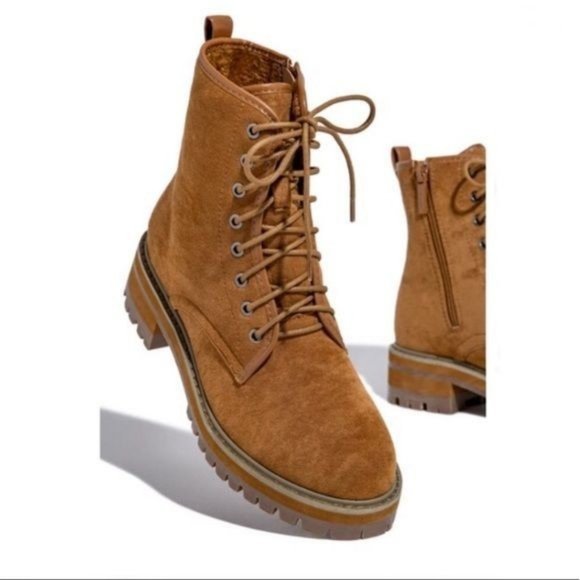 Chestnut Vegan Suede Lace Up Lug Sole Boots - Picture 3 of 5